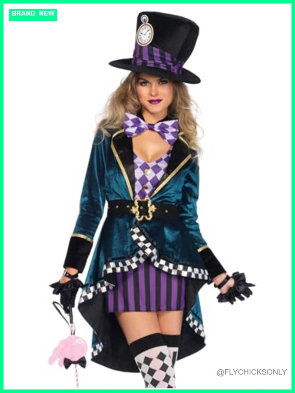 Mad Hatter 5pc Halloween Costume with Dress, Jacket, Belt, Bow, Hat for Women,